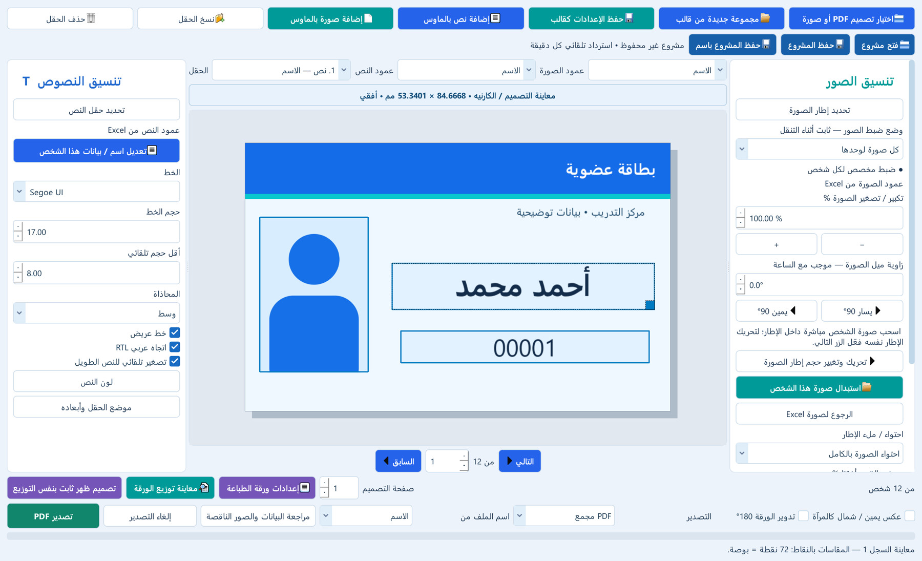 التصميم والحقول والقوالب — لقطة فعلية من البرنامج